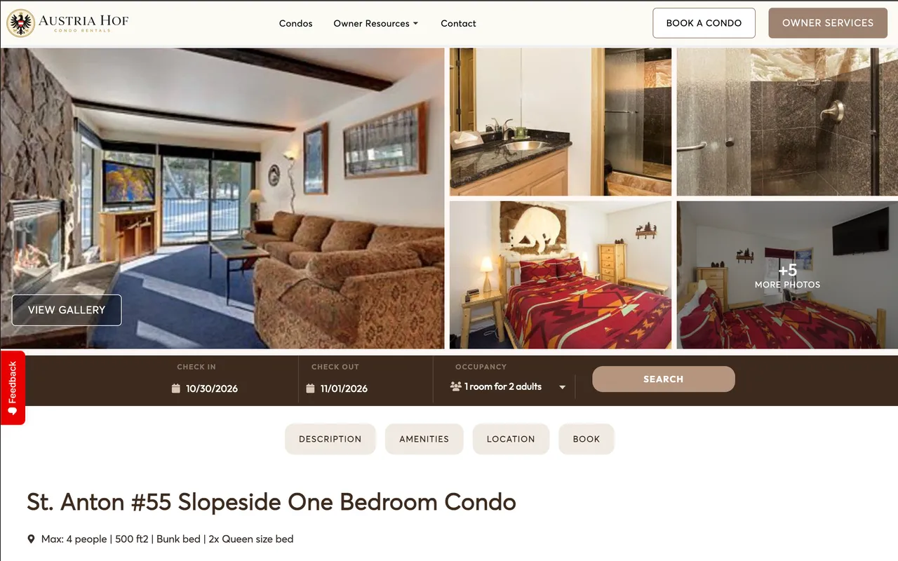 Austria Hof condo listing page with a photo gallery, check-in and check-out booking bar, and property details