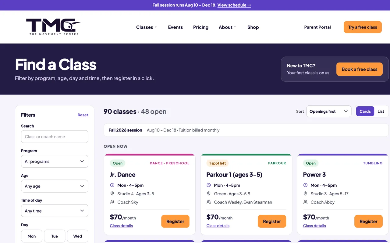 Jackrabbit Class Finder: filters for program, age, time of day and day, with class cards showing openings, schedule, coach, monthly price and a Register button