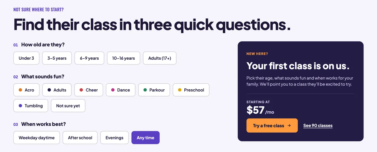 Jackrabbit Class Finder discovery wizard asking three questions: the child's age, what sounds fun, and when works best