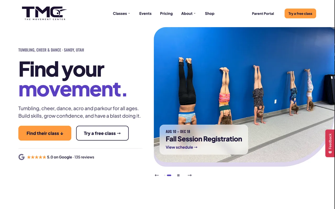 The Movement Center homepage with a Find their class button and fall session registration